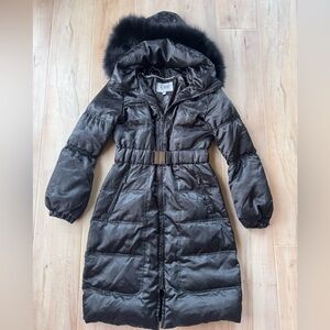 ABS Allen Schwartz Belted Down Coat with Fur Hood Size Small